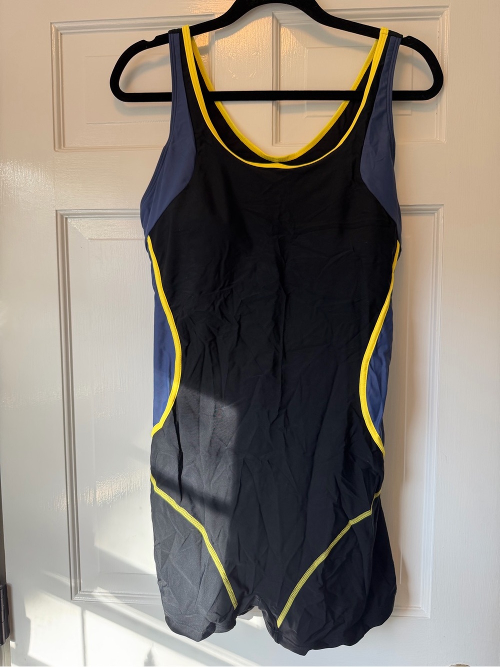 Amazon Women’s Black One-Piece Swimsuit with Navy Panels and Yellow Trim